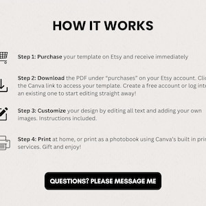May include: A beige graphic with the text "HOW IT WORKS" and four steps for purchasing and using a template on Etsy. The steps include purchasing, downloading, customizing, and printing. A black button at the bottom says "QUESTIONS? PLEASE MESSAGE ME."