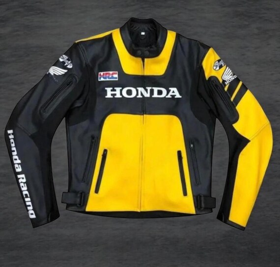 HONDA Beautiful Yellow Racing Motorcycle Real Leather Jacket With
