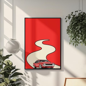 Retro Red Muscle Car Print: Minimalist Vintage Sports Car Art (Digital Download