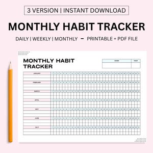 Könnte beinhalten: Ein druckbarer monatlicher Gewohnheits-Tracker in Schwarzweiß. Der Tracker enthält Platz für einen Namen und ein Jahr und eine Spalte für jeden Tag des Monats. Die Monate sind in einer Spalte auf der linken Seite der Seite aufgelistet, wobei Januar oben und Juli unten stehen.