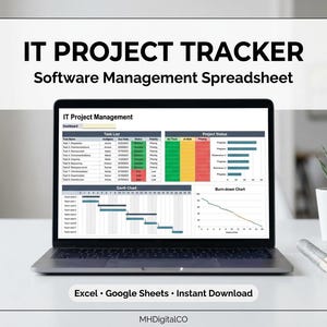 Peut inclure: Un ordinateur portable affiche une feuille de calcul IT Project Tracker avec des listes de tâches, des diagrammes de Gantt et des indicateurs d'état du projet. L'écran montre un tableau de bord avec des barres de progression codées par couleur et un diagramme d'avancement. Le texte dit "IT Project Management".