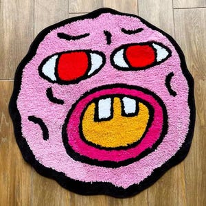 Alfombra de mechones con cara de dibujos animados: decoración pop hecha a mano, diseño único, alfombra estética para dormitorio, sala de estar y espacio creativo.