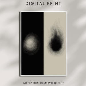 Puede incluir: Obra de arte de impresión digital con borde blanco. La obra de arte está dividida verticalmente en dos secciones: negro y beige. Cada sección presenta un diseño texturizado y moteado. La parte superior de la imagen dice "DIGITAL PRINT" y la inferior dice "NO PHYSICAL ITEMS WILL BE SENT".