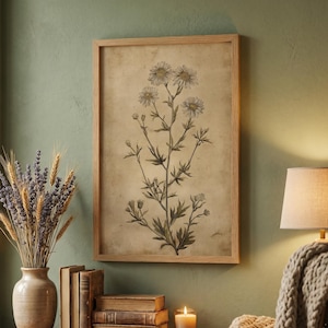 May include: A framed botanical print featuring a detailed illustration of a flowering plant. The artwork is in a light wood frame, displayed above a wooden table. A vase of dried flowers, books, and a lit candle complete the cozy scene.