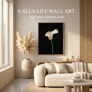 Lámina cala blanca imprimible, arte botánico floral fondo negro, decoración minimalista moderna