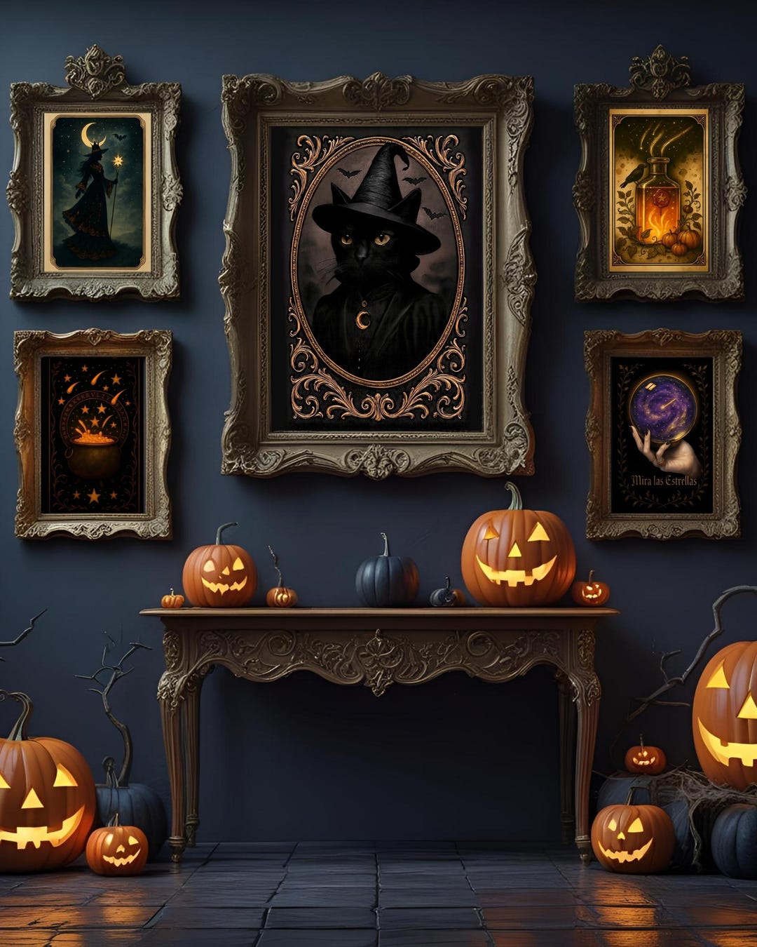 Vintage Halloween Wall Art Set – 5 Mystic Prints | Witch Silhouette ...