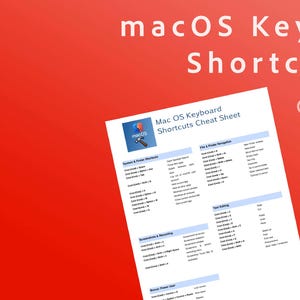 May include: A white sheet of paper with the title "Mac OS Keyboard Shortcuts Cheat Sheet" and a list of keyboard shortcuts for various functions on a Mac computer. The text is in black and blue font. The background is red.