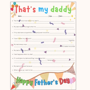 Druckbare Vatertag Kinder Fragebogen Geschenk | Spaß 8,5 x 11 Füllen Sie die Dad-Karte aus | Vatertagsgeschenk vom Kind | Sofort Download