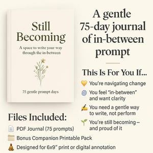 Könnte beinhalten: Ein cremefarbenes Journal mit dem Titel „Still Becoming“ und dem Untertitel „Ein Raum, um Ihren Weg durch das Dazwischen zu schreiben“. Das Journal enthält 75 sanfte Impulse. Das Journal ist für den Druck oder die digitale Annotation von 15 x 23 cm konzipiert.