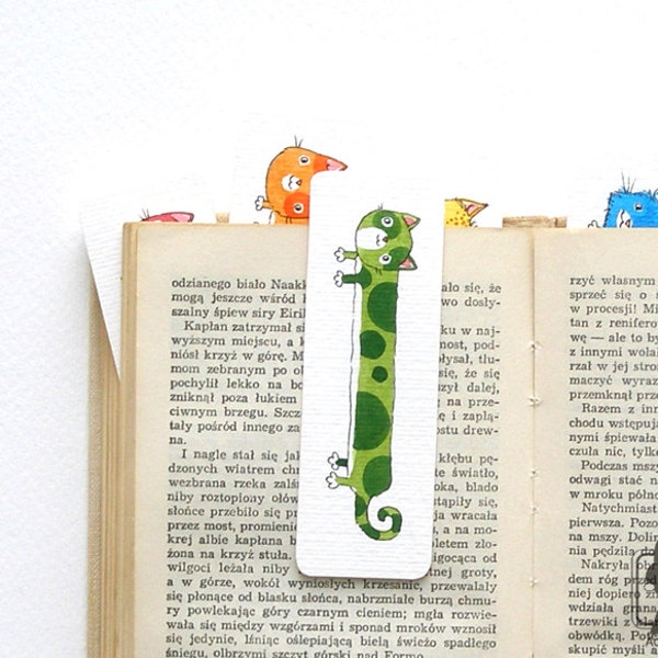 Rainbow cats - cute green cat - handpainted bookmark - small gift under 10 dollars