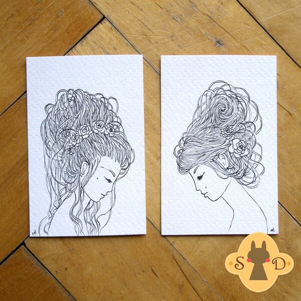 Set of 2 small illustrations - two girls portrait - The Hair and Roses collection - ink drawing - art nouveau style