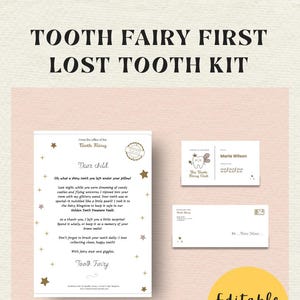 Kit première dent perdue Fée des dents - Lettre, enveloppe et carte de membre modifiables personnalisées - Souvenir magique pour enfant