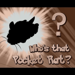 May include: A brown graphic with a black silhouette of a rat, a question mark, and the text "Who's that Pocket Rat?" The background has a radial burst design.