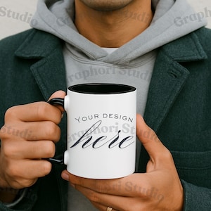 11oz Mug Mockup | Black Handle & Inner | Urban Male Holding Cup | Realistic Coffee Scene Display (PNG and JPG)