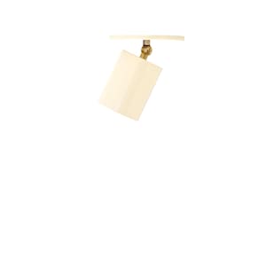 May include: A modern, off-white ceiling spotlight with a rectangular shade. The light fixture has a brass-colored adjustable joint and a circular mounting plate. The design is minimalist and suitable for various interior styles.