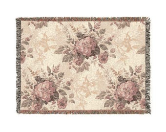 Vintage Rose Woven Cotton Throw Blanket | Cottagecore Floral Tapestry Home Decor
