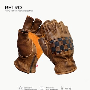 May include: A pair of brown leather fingerless gloves with a checkered pattern on the back of the hand. The gloves are made of lambskin leather and have a YKK zipper on the wrist.