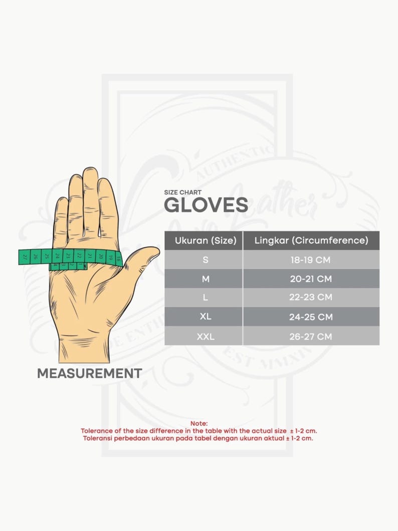 May include: A size chart for gloves with a hand illustration showing how to measure the circumference of the hand. The chart shows the size in centimeters for each size: S, M, L, XL, and XXL.
