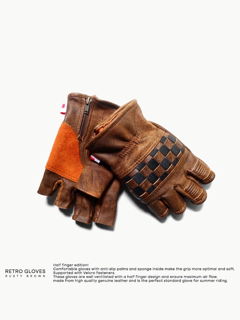 May include: A pair of brown leather motorcycle gloves with a half-finger design. The gloves have a checkered pattern on the back of the hand and a zipper on the wrist. The text "Retro Gloves Rusty Brown" is visible at the bottom of the image.