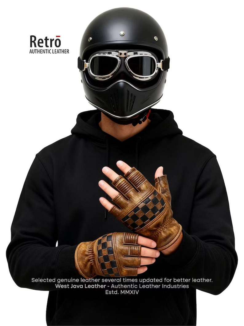 Retro Rusty Brown Leather Motorcycle Gloves: Half Finger, Unisex image 3