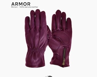 Maroon Leather Motorcycle Gloves: Full Finger Armor, Air-Cooled