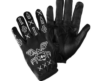 Genuine Leather Motorcycle Gloves: Pentagram Motifs, Touchscreen Compatible