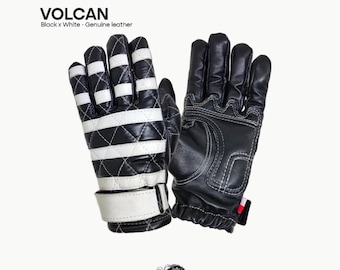 Genuine Leather Motorcycle Gloves: Retro Black & White Full Finger