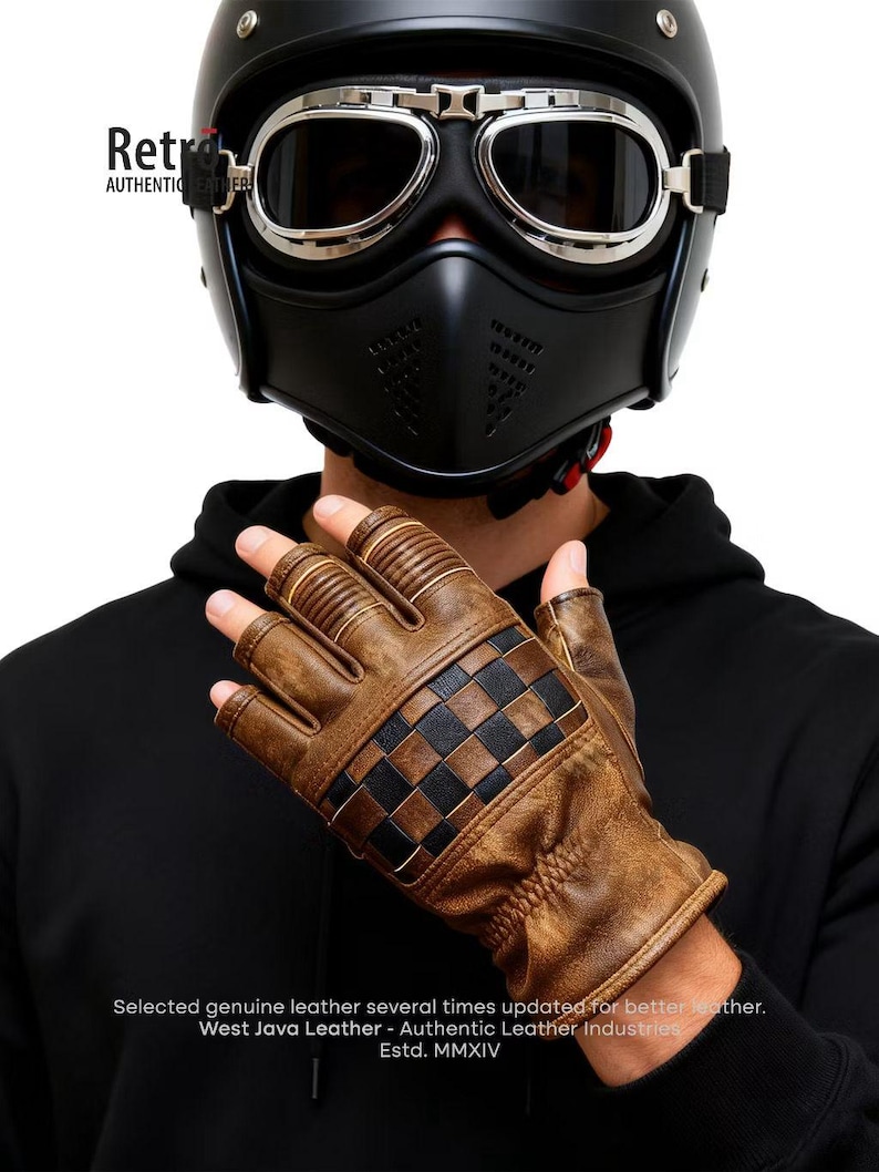 Retro Rusty Brown Leather Motorcycle Gloves: Half Finger, Unisex image 4