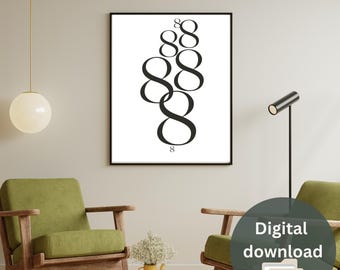 Minimal Number 8 Print, Abstract Black White Poster (Digital Download)