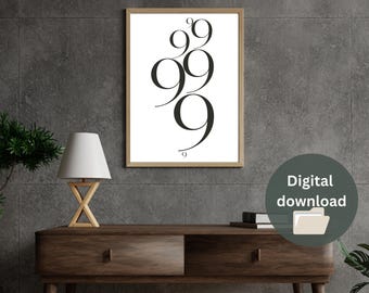 Minimalist Number 9 Print, Abstract Black White Wall Art (Digital Download)