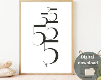 Minimalist Number 5 Print, Abstract Black White Wall Art (Digital Download)