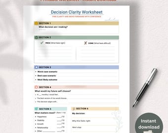 Decision Clarity Worksheet Printable, Pros and Cons Planner _ Stop Overthinking Tool - Instant Download PDF