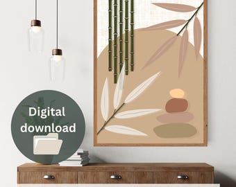 Japandi Bamboo Zen Stones Art Print – Terracotta Neutral Decor (Digital Download)
