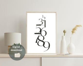 Minimal Numbers Print, Abstract Black White Poster (Digital Download)