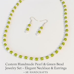 Handmade Green & White Pearl Necklace and Earring Set: Elegant Bridal Jewelry