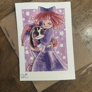May include: A rectangular art print featuring a watercolor illustration of two characters embracing against a purple background with white stars. One character has pink hair and a blue bow, while the other wears a jester hat with red and blue panels.