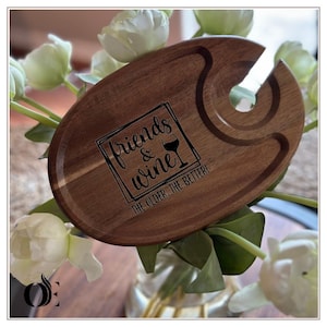 Custom Wine Appetizer Plate | Personalized Cocktail Plate with Glass Holder | Laser Engraved Wine & Cheese Board | Gift for Wine Lover