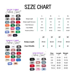 Puede incluir: Una tabla de tallas para camisetas juveniles, camisetas para ni&ntilde;os peque&ntilde;os y bodies para beb&eacute;s. La tabla incluye la longitud del cuerpo, el ancho del pecho y las tallas num&eacute;ricas. Tambi&eacute;n se muestran muestras de color para cada tipo de prenda.