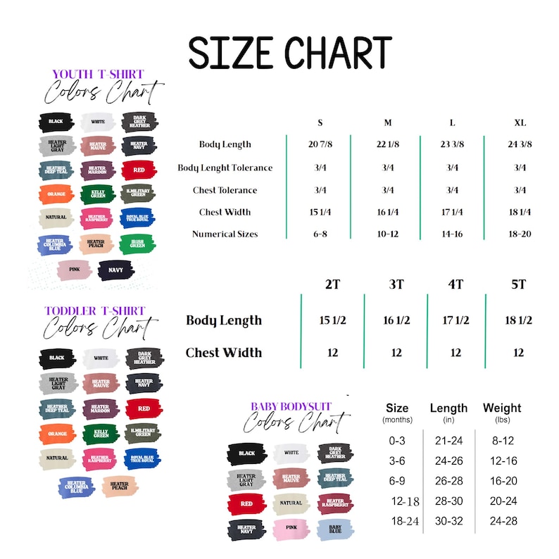 Puede incluir: Una tabla de tallas para camisetas juveniles, camisetas para ni&ntilde;os peque&ntilde;os y bodies para beb&eacute;s. La tabla incluye la longitud del cuerpo, el ancho del pecho y las tallas num&eacute;ricas. Tambi&eacute;n se muestran muestras de color para cada tipo de prenda.