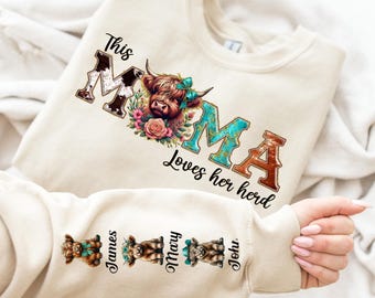 Personalized Cow Mom Sweatshirt, Custom Kids Names, Farmer Mama Hoodie, Custom Cow Print Mama Shirt with Kids Names