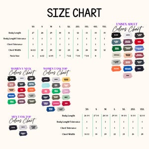 Puede incluir: Una tabla de tallas para adultos unisex, cuello en V para mujer y camisetas sin mangas para mujer y hombre. La tabla incluye medidas de largo de cuerpo, ancho de pecho y tama&ntilde;o de cuello en cent&iacute;metros, con anchos de pecho de 42 cm a 81 cm.