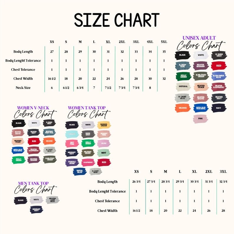 Puede incluir: Una tabla de tallas para adultos unisex, cuello en V para mujer y camisetas sin mangas para mujer y hombre. La tabla incluye medidas de largo de cuerpo, ancho de pecho y tama&ntilde;o de cuello en cent&iacute;metros, con anchos de pecho de 42 cm a 81 cm.