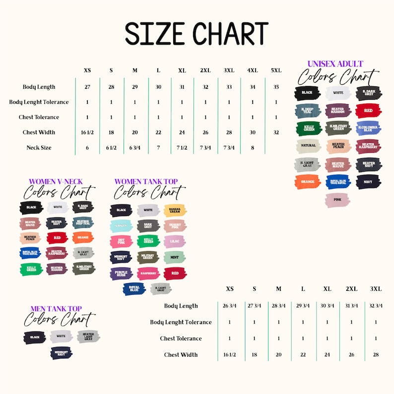 a size chart for men's and women's clothing, including various clothing items such as tank tops, t-shirts, and sweaters. The chart provides size information for different body lengths, colors, and styles, as well as color and style preferences.