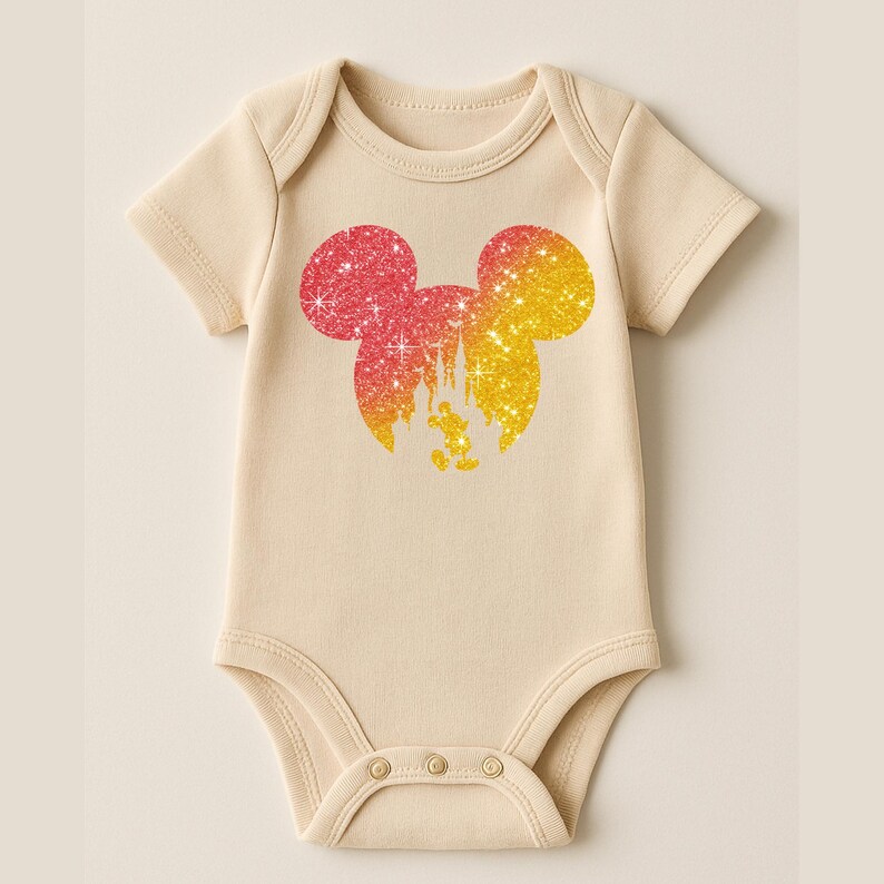 Puede incluir: Body de beb&eacute; color crema con una silueta brillante de Mickey Mouse en tonos rojos, naranjas y amarillos. El dise&ntilde;o incluye una silueta de castillo y estrellas. El body tiene mangas cortas y cierres de broche.