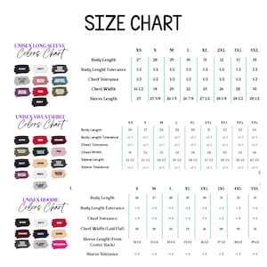 Puede incluir: Una tabla de tallas para prendas unisex de manga larga, sudaderas y sudaderas con capucha. La tabla incluye medidas de largo de cuerpo, ancho de pecho y largo de manga en cm, y opciones de color.