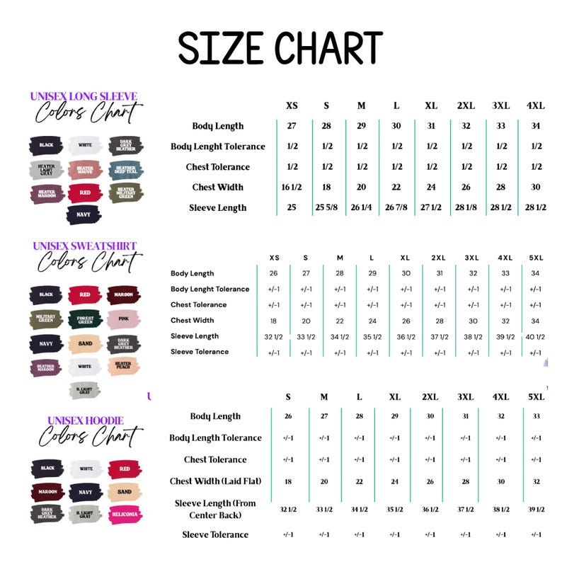 Puede incluir: Una tabla de tallas para prendas unisex de manga larga, sudaderas y sudaderas con capucha. La tabla incluye medidas de largo de cuerpo, ancho de pecho y largo de manga en cm, y opciones de color.