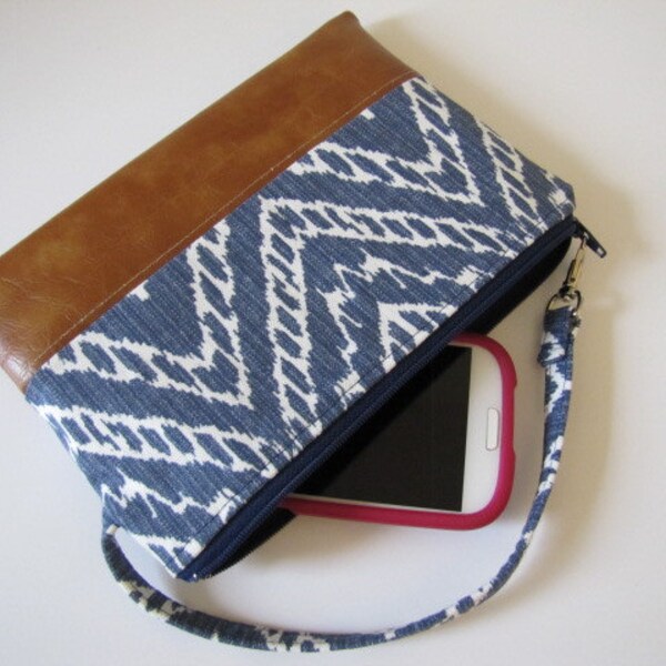 Navy Ikat Wristlet Wallet, iPhone wallet, Vegan Leather Clutch Purse, Cellphone Wristlet, Boho Zipper Pouch, Boho Clutch,Gift For Her