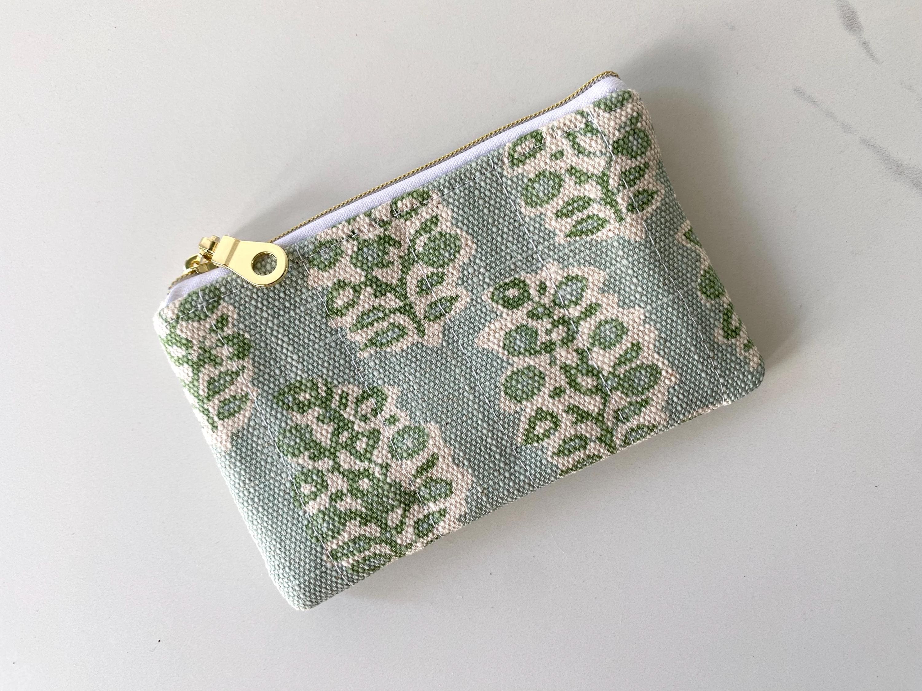 Floral Block Print Zipper Pouch, Mini Wallet Gift Card Holder
