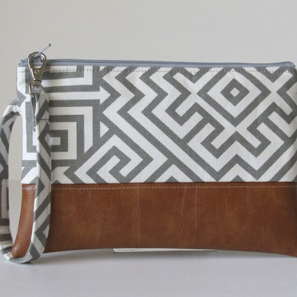 Grey  Wristlet Wallet, iPhone wallet, Vegan Leather Clutch Purse, Cellphone Wristlet, Boho Zipper Pouch, Boho Clutch,Gift For Her