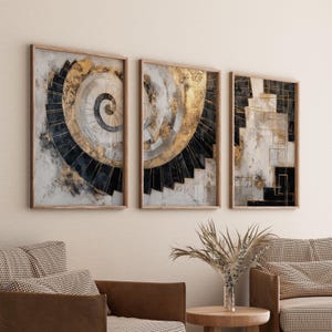 Set di 3 quadri astratti con scale, decorazioni da parete in oro e nero, carta fotografica opaca di alta qualità, design geometrico, set di arte moderna per soggiorno